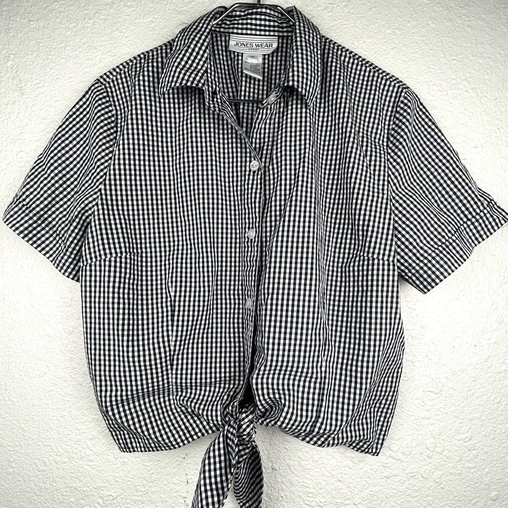 Vintage Jones Wear Sport Black White Gingham Button-down Collared Blouse